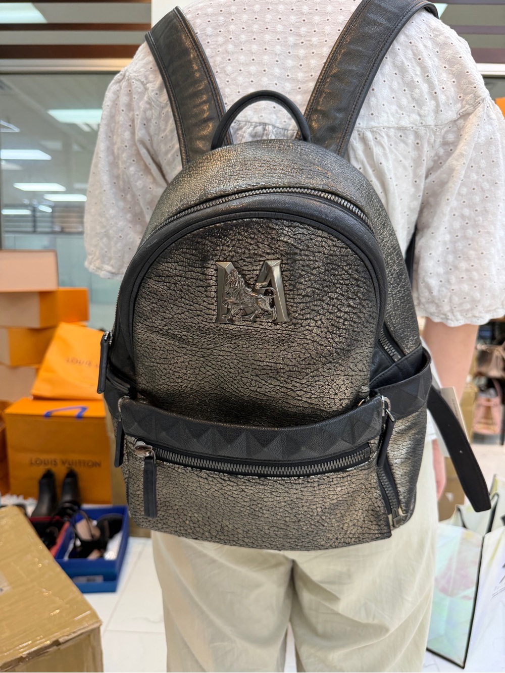 MCM Metallic Black Textured Backpack with pouch